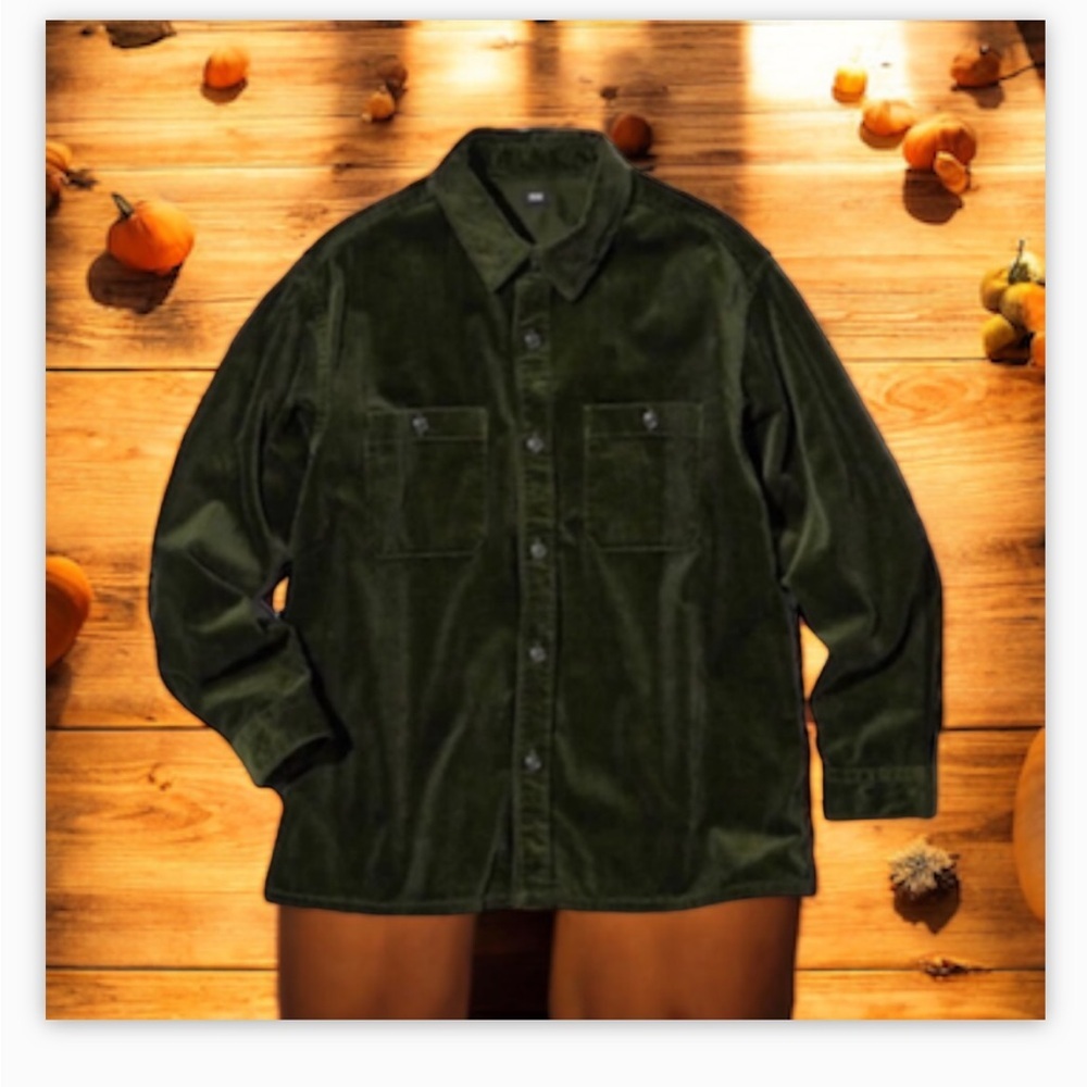 Uniqlo Green Corduroy Button Up Shirt -Sz Sm-Oversized-Cozy!-beach layer!NWOT🍂 - Picture 3 of 12